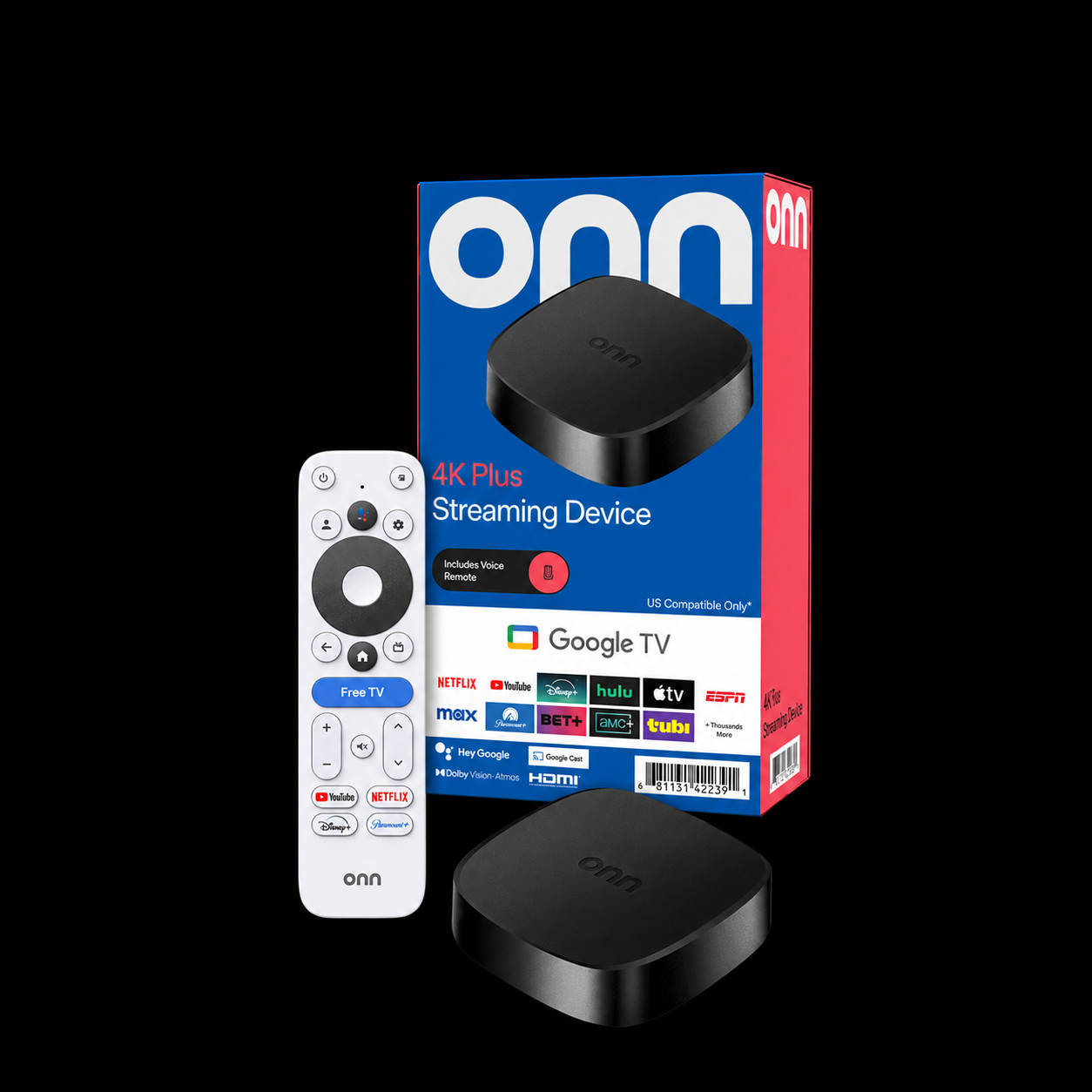 ONN 4K Plus streaming device and remote