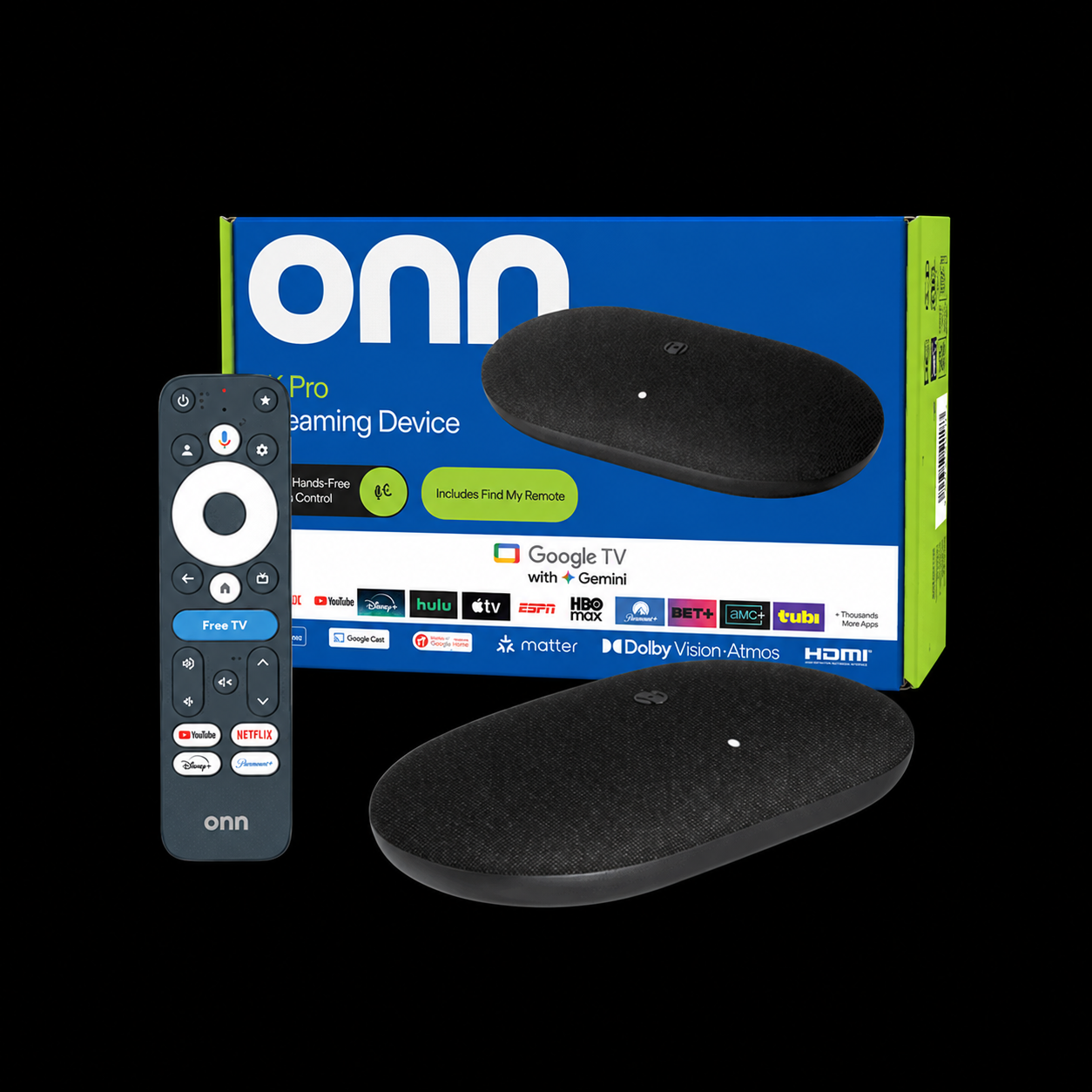 ONN 4K Pro (2026) streaming device and remote
